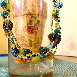 Vibrant turquoise, lime & copper bead multi-strand necklace
